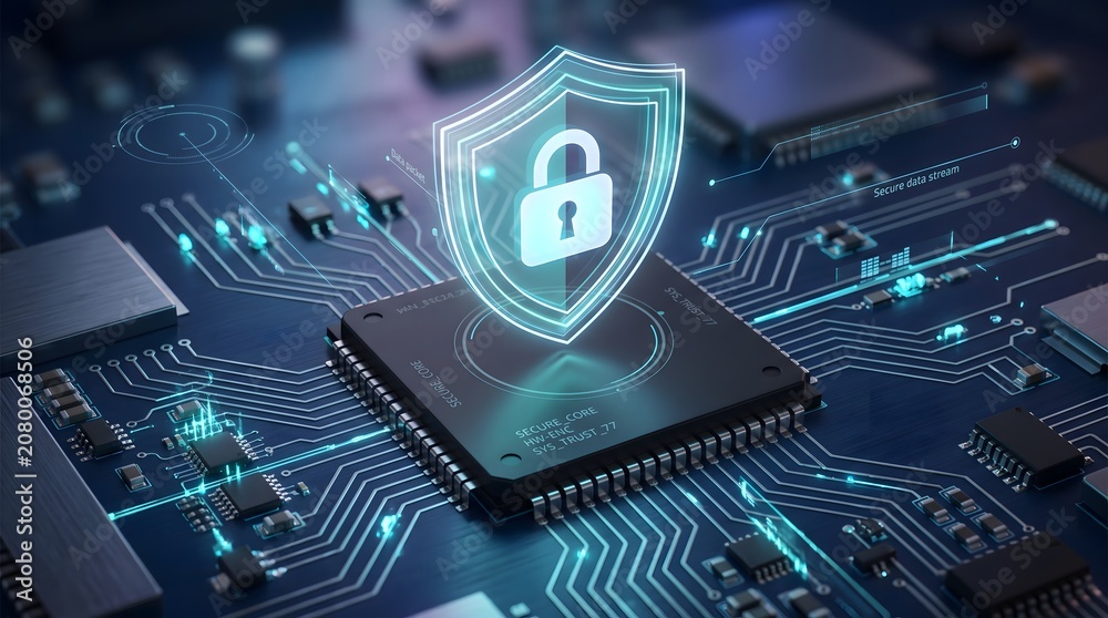 Fototapeta premium Data protection hardware with secure microchip and glowing cyber shield