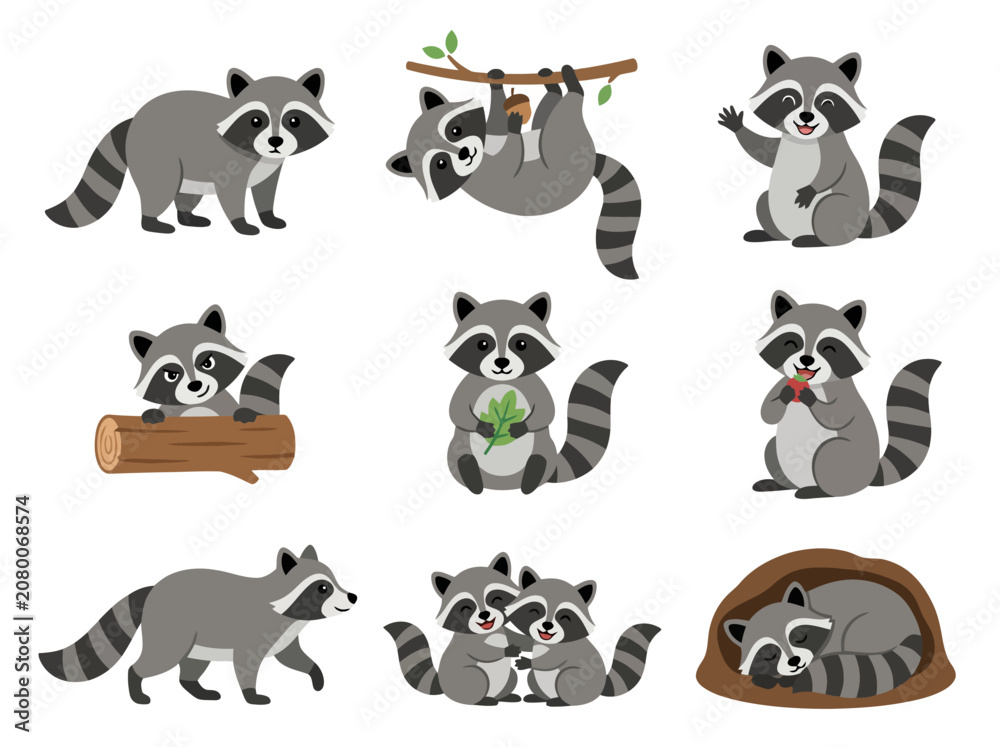 Obraz premium A collection of cute cartoon raccoons in various poses and activities.