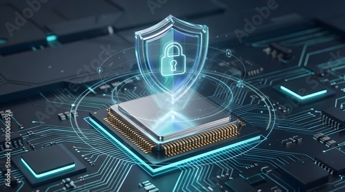 Futuristic microchip processor with digital shield and padlock for hardware security