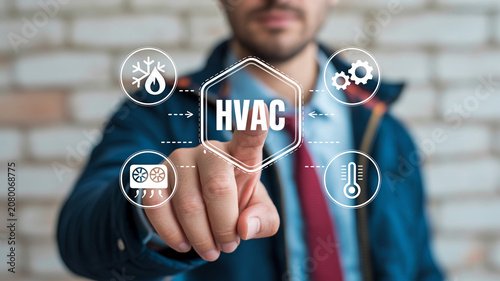 Hvac service technician selecting heating cooling and air conditioning system maintenance options on digital interface with professional technician