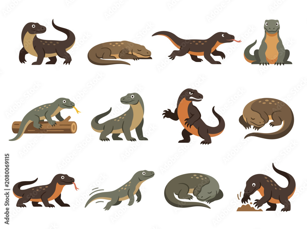 Obraz premium A collection of various Komodo dragon illustrations in different poses and activities.