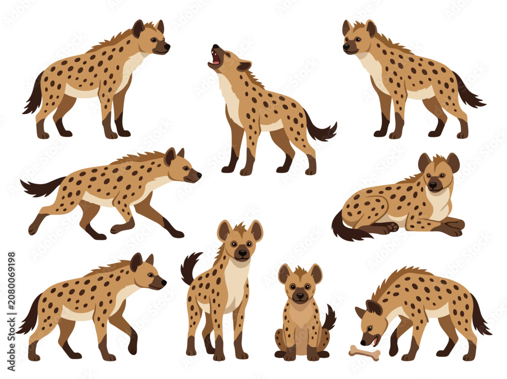 Obraz premium A collection of spotted hyenas in various poses and actions.