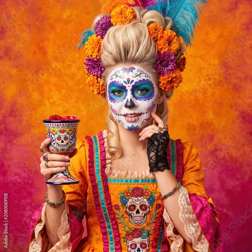 Woman with vibrant Day of the Dead sugar skull face paint, marigold floral headdress with feathers, holding decorated ceramic cup, wearing embroidered orange and pink dress.