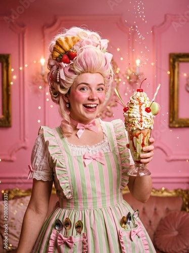 Cheerful woman in pink striped rococo costume with pastel wig decorated with croissant and berries, holding oversized whimsical milkshake dessert at colorful candy bakery setting.