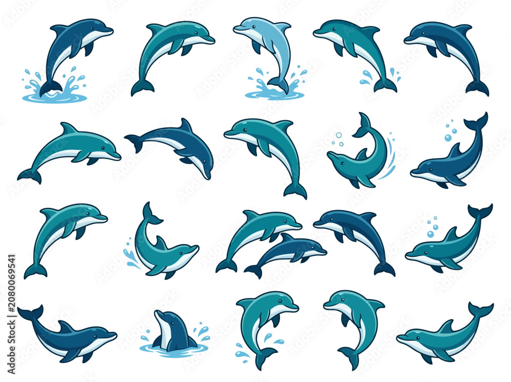 Fototapeta premium A collection of various cartoon dolphin illustrations in different poses and actions.