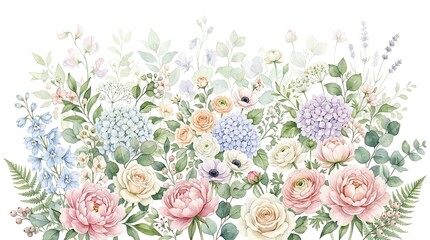 Delicate Watercolor Floral Border, Pastel Garden Blooms, Romantic Botanical Arrangement, Soft Spring Wedding Invitation Elements isolated on White Background