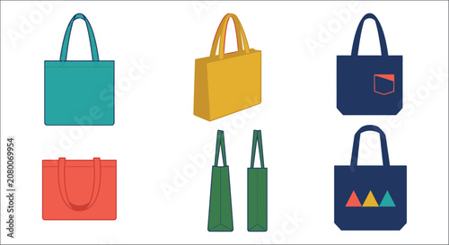 Fényképezés Colorful Tote Bags Illustration A Set Of Flat Vector Shopping Bags In Various Sh