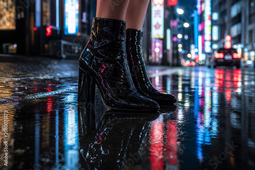 A Cinematic Night Shot of Glossy Black High-Heeled Boots on a Reflective Wet City Street