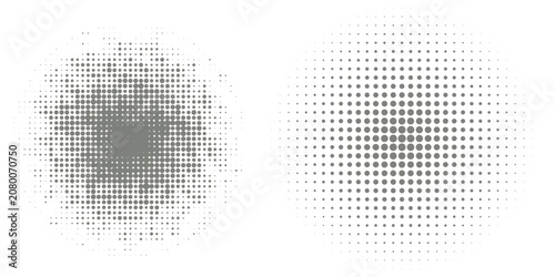 Konstfotografi A gray circular halftone pattern fades from dense in the center to sparse dots on a white background, which is suitable for graphic design and visual effects