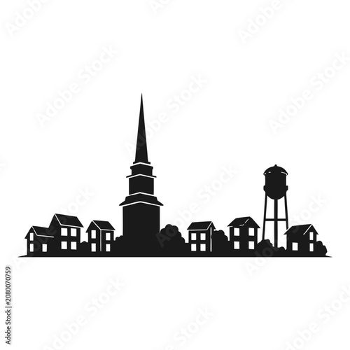 Small Town Skyline Silhouette with Church Steeple and Water Tower