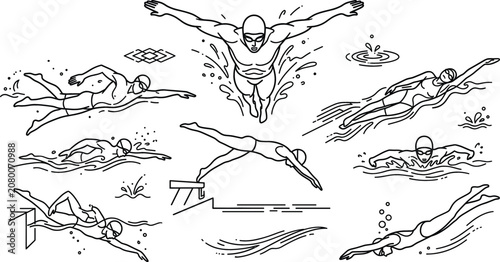 Фотография Swimming pool sport doodle vector set with swimmers diving freestyle butterfly s