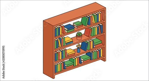 Foto Bookshelf with books and potted plants a colorful vector illustration on a white