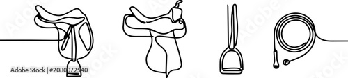 Equestrian tack of saddles and stirrup with rope in continuous line art style