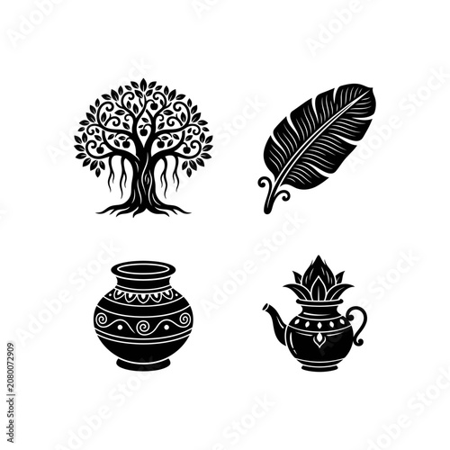 Bilde på lerret Set of black and white silhouette icons of pottery and ceramics including vase,