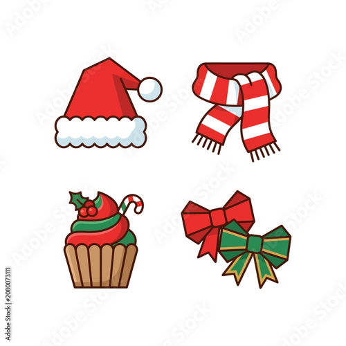 Christmas Icons Set Collection with Santa Hat Gift Box Tree Bell Snowman Star Candle and Holiday Decoration Symbols Vector Illustration Design for Winter Celebration