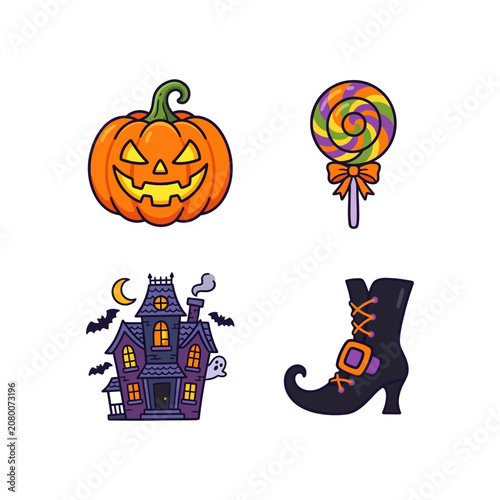 Spooky Halloween Pumpkin with Bats Cat Ghost and Witch Hat Cartoon Vector Illustration Set with Spider Skull Silhouette Icons for Autumn October Holiday Celebration Design