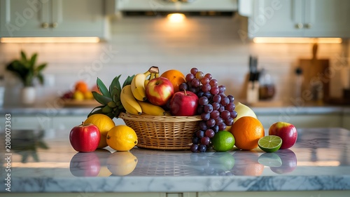  Fruit Basket with Fresh Fruits on Marble Kitchen Counter  