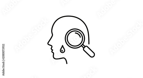 Magnifying glass examining human face with tear drop, symbol of medical research, dermatology, or emotional distress