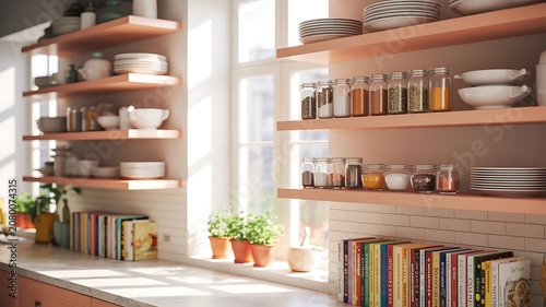 Bright Kitchen with Open Shelves and Cookbooks  
