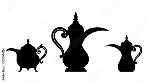 Three traditional black tea pots and cezves with intricate designs in a row Vector