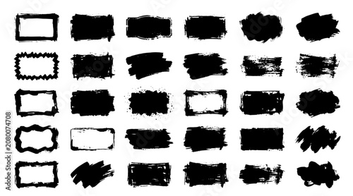 Black Ink Brush Strokes Collection in Abstract Geometric Square Frames Isolated on White Background
