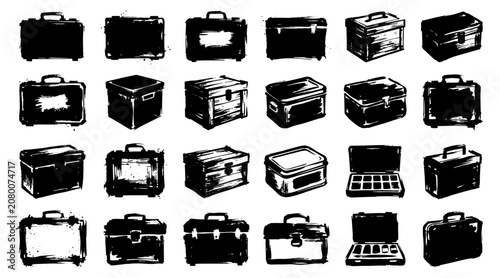 Collection of Black and Silver Luggage Set Arranged in Grid on White Background Minimalist Style