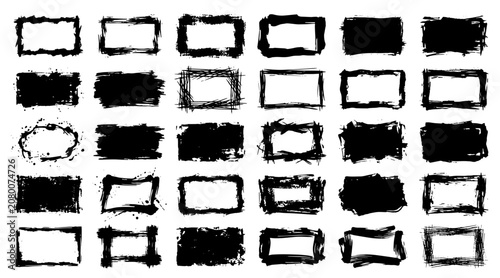 Collection of Hand-Drawn Black Brush Stroke Border Frames and Rectangular Boxes on White Background