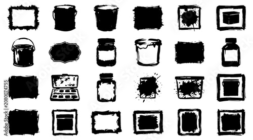 Set of Black Brush and Paint Box Silhouettes on White Background Minimalist Style