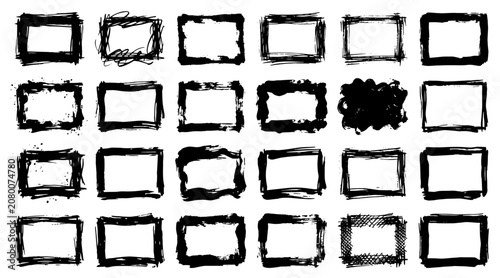 Hand-drawn black ink brush stroke square frames collection on white background minimalist style