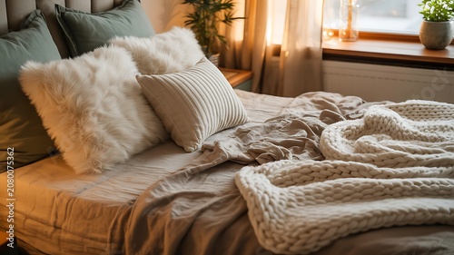 Cozy Bedroom with Fluffy Pillows and Knitted Blanket  