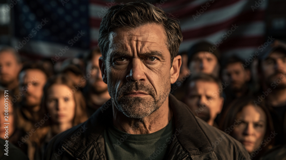 Fototapeta premium Patriotic Resolve: A determined man stands at the forefront of a crowd, his gaze resolute, with a draped flag in the background symbolizing national pride and unity.