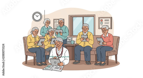 Vector illustration of senior citizens learning to use digital tablets in a community center. Diverse elderly men and women interacting with mobile technology in an indoor lounge.