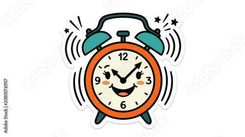 Kawaii orange alarm clock ringing sticker illustration