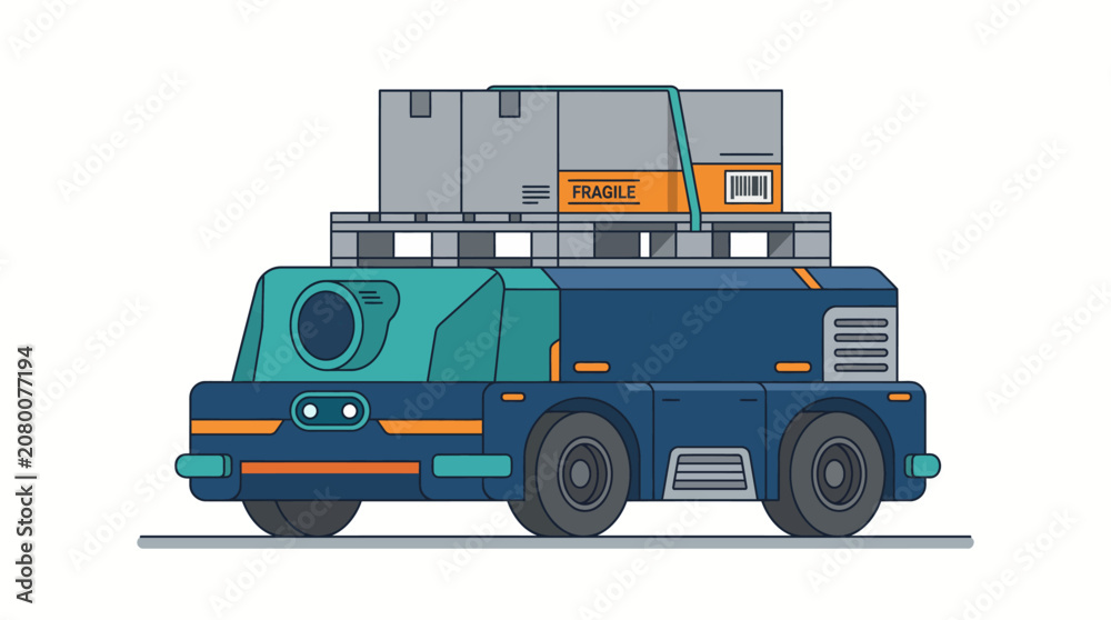 Obraz premium Autonomous mobile robot vehicle carrying heavy industrial cargo on pallet with autonomous logistics warehouse