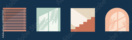 Minimalist boho vector background illustration with window shadow, stairs, blinds and palm leaf silhouette