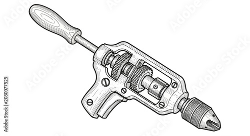 Hand drill mechanism illustration with gears and chuck