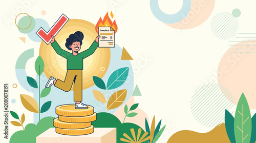 Happy Man Celebrating Financial Freedom Standing on Coins and Burning a Contract