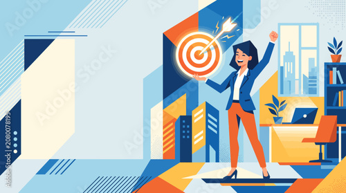 Successful businesswoman hitting a bullseye target in modern office setting with city view for business achievement and professional goals growth