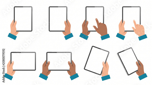 Hands holding tablet mockup set with blank white screens in vertical and horizontal orientations, diverse skin tones touching and swiping on digital device display, modern flat vector illustration.
