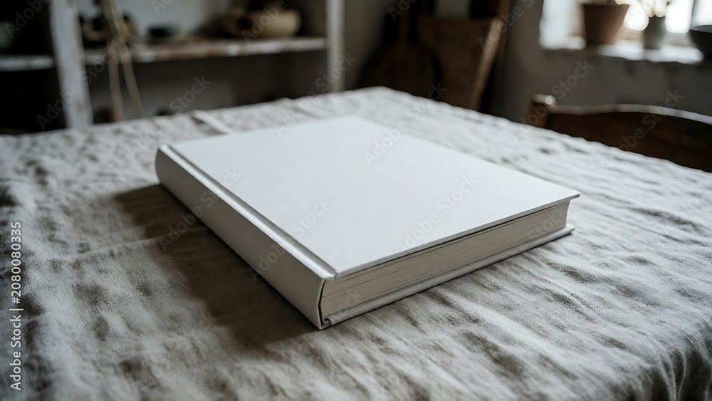 Fototapeta premium Blank Hardcover Book Mockup on Textured Linen Tablecloth for Professional Design Presentation in Minimalist Rustic Interior Setting with Soft Natural Lighting for Creative Branding Projects