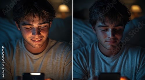diptych of a person on a couch at night, face lit by smartphone glow with warm lamp bokeh in background, appearing absorbed and contemplative in a dim living room