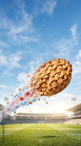 Celebratory apple pie flying like a soccer ball through a sunlit stadium with red, white, and blue smoke.