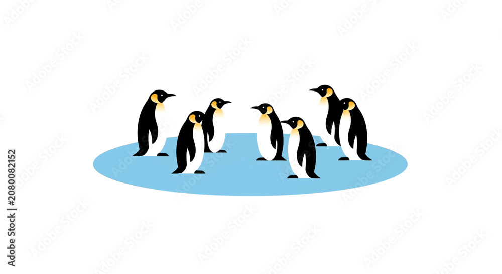 Fototapeta premium Seven penguins standing together on a circular blue ice floe in a simple illustration.