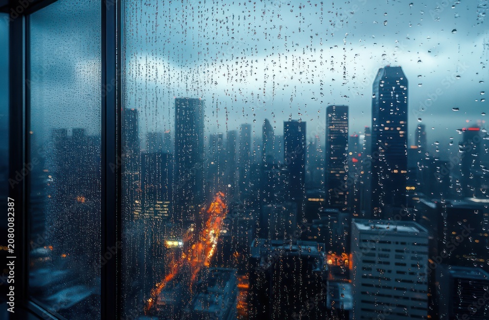 Fototapeta premium Rain-speckled window overlooking illuminated downtown skyscrapers at dusk with glowing streets and a moody, contemplative atmosphere