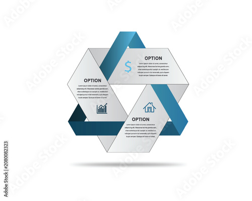 3 Step Modern Triangular Venn Diagram Infographic Chart with Interlocking Ribbon Elements, Hexagonal Options, Business Analytics Icons, and Connected Category Bullet Points for Professional Data