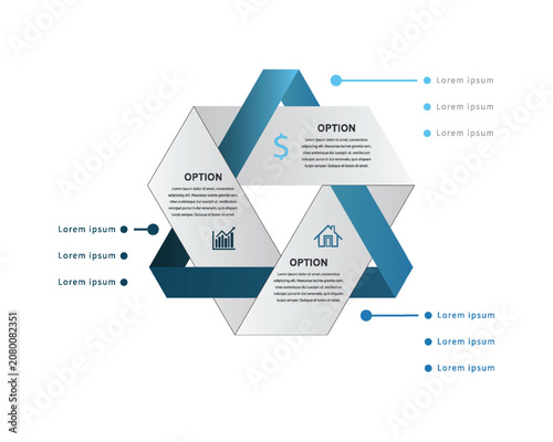 3 Step Modern Triangular Venn Diagram Infographic Chart with Interlocking Ribbon Elements, Hexagonal Options, Business Analytics Icons, and Connected Category Bullet Points for Professional Data