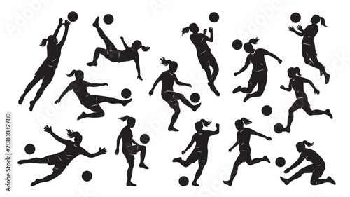 Obraz na płótnie Female Soccer Players Silhouettes Kicking Balls In Various Actions On White Back