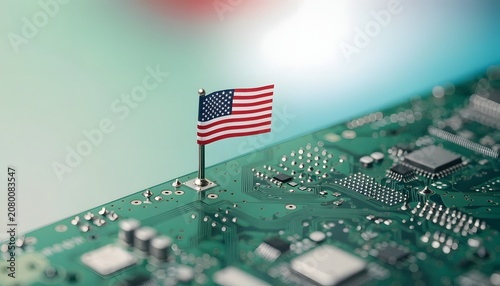 Wide view of miniature USA flag on a green circuit board. Hardware manufacturing subsidies and industrial growth. Microscopic flag icon standing on complex electronic circuitry.