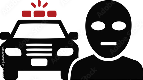 Tableau sur toile Illustration of a police car with flashing lights approaching a masked person re