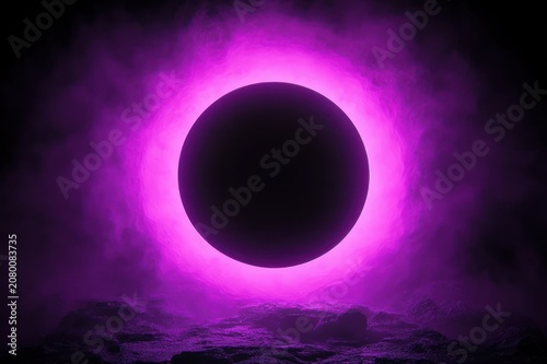 Eerie black eclipse with glowing purple corona over foggy rocky terrain, mysterious otherworldly atmosphere